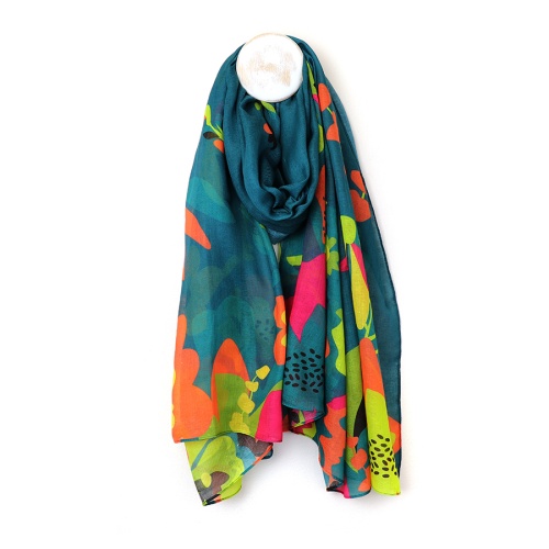 Teal Blue Recycled Scarf with Tropical Print by Peace of Mind